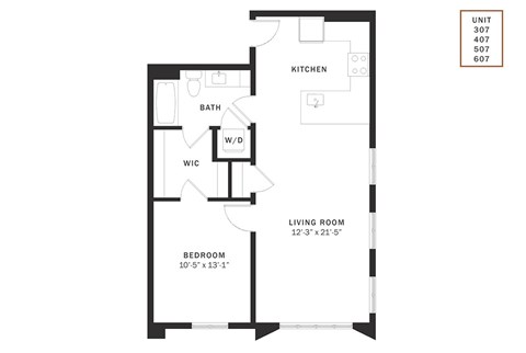 Floor plan for 1 bed, 1 bath, 771 sqft